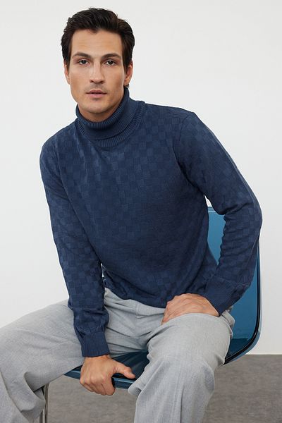 Trendyol Collection Pulover din tricotaje cu textura Indigo Slim Fit TMNAW20VK0004