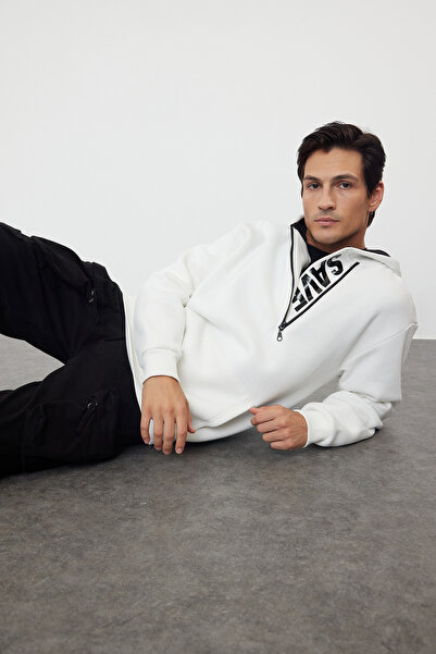 Trendyol Collection Світшот з флісу з капюшоном з принтом і написом всередині на блискавці TMNAW25SW00074