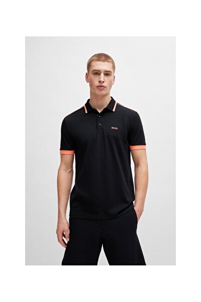 BOSS Zıt renk çizgili ve logolu pamuk-pike polo yaka tişört