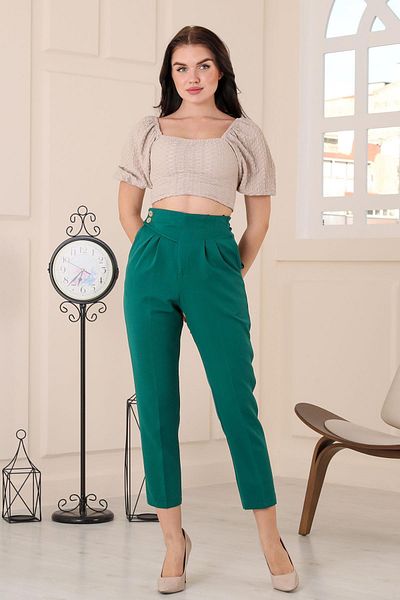 msendam Women's Single Side Belt Detailed Back Waist Part Elastic Front Double Pleated High Waist Pocket Carrot Fabric