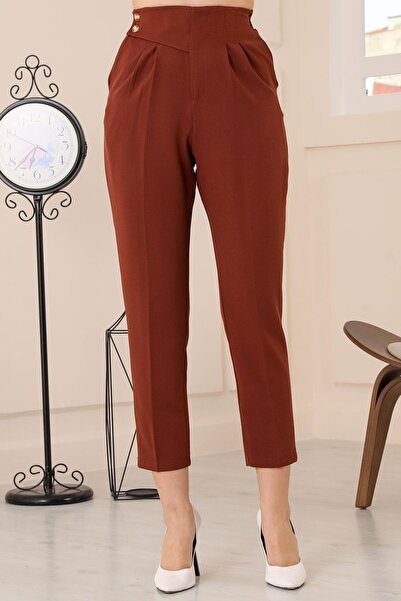 msendam Women's Single Side Belt Detailed Back Waist Part Elastic Front Double Pleated High Waist Pocket Carrot Fabric