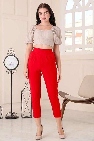 msendam Women's Single Side Belt Detailed Back Waist Part Elastic Front Double Pleated High Waist Pocket Carrot Fabric