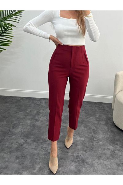 msendam Women's Collared High Waist Pipe Leg Fabric Trousers Claret Red