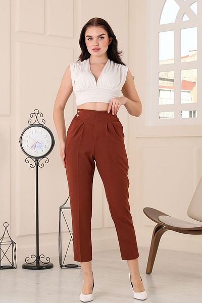 msendam Women's Single Side Belt Detailed Back Waist Part Elastic Front Double Pleated High Waist Pocket Carrot Fabric