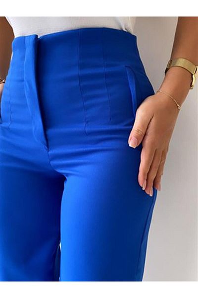 msendam Women's Collared High Waist Pipe Leg Fabric Trousers Saks