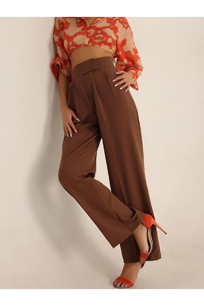 msendam Women's Light Lycra Velcro Waist Version Palazzo Trousers-brown