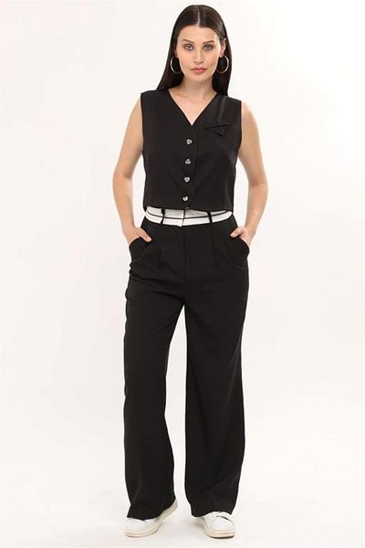 msendam Women's Reverse Belted Vest Palazzo Suit Trousers - Black