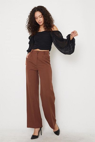 msendam Women's Palazzo Trousers Wide Leg Long Length Pocket High Waist-brown