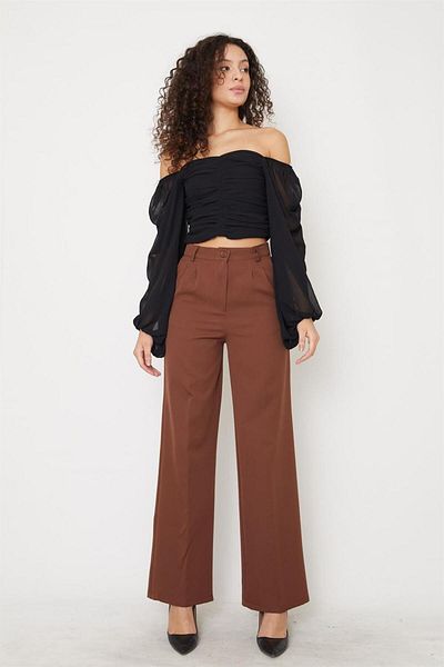 msendam Women's Palazzo Trousers Wide Leg Long Length Pocket High Waist-brown