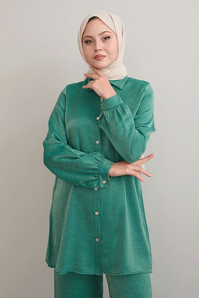 InStyle Glittered Shirt Collar Emerald Green Double Set
