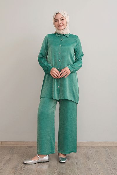 InStyle Glittered Shirt Collar Emerald Green Double Set