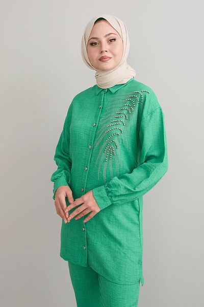 InStyle Leaf Stone Processing Green Linen Suit