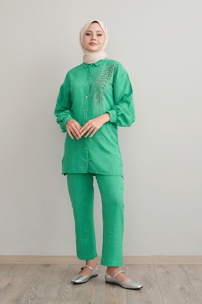 InStyle Green Linen Set - Leaf Stone Embroidered