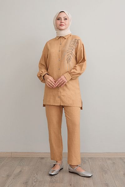 InStyle Leaf Stone Processing Camel Linen Set
