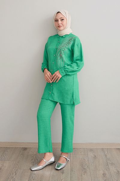 InStyle Leaf Stone Processing Green Linen Suit