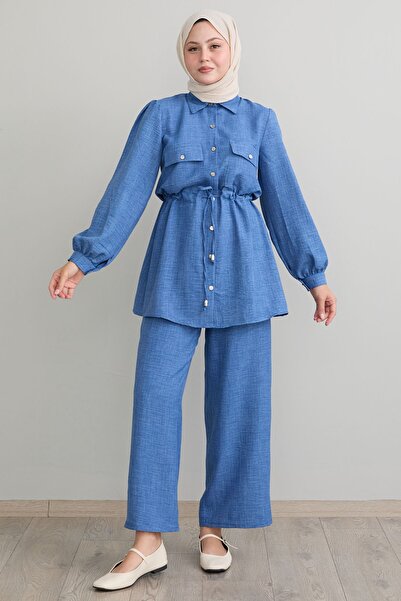 InStyle Tünel Kemerli Mavi Keten Takım