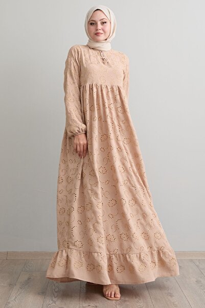 InStyle Beige Patterned Tasseled Embroidery Dress