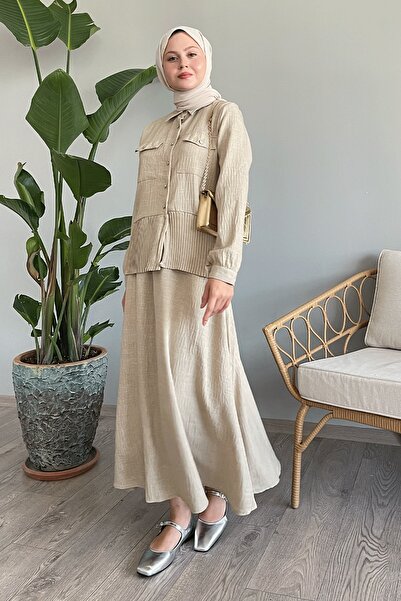 InStyle Béžová lněná souprava - skládaná sukně