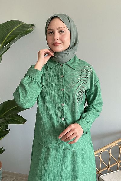 InStyle Green Linen Set - Bead Detailed Skirt