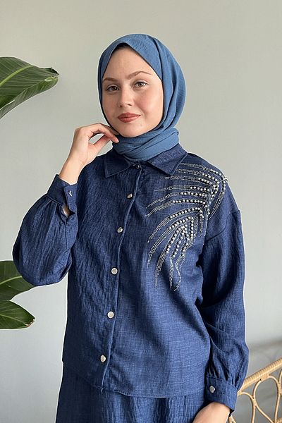 InStyle Navy Blue Linen Set - Bead Detailed Skirt