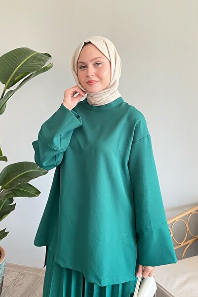 InStyle بدلة تنورة فضفاضة بأكمام خضراء زمردية