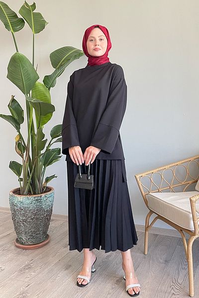 InStyle طقم بدلة تنورة بأكمام فضفاضة سوداء