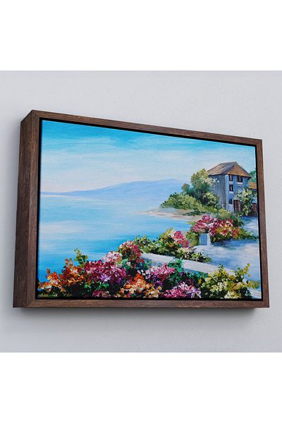 Harita Sepeti Framed House with Sea View among Colorful Flowers Wall Painting-3633