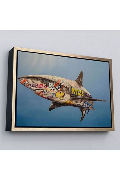 Harita Sepeti Pânză Graffiti Shark într-un cadru, Pop Art Painting-5416
