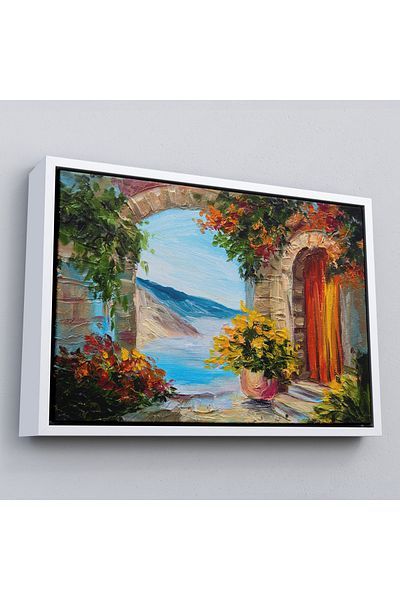 Harita Sepeti Framed Sea View House between Colorful Flowers Wall Painting-3636