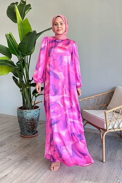 InStyle Φούξια Σατέν Φόρεμα - Abstract Leaf Printed