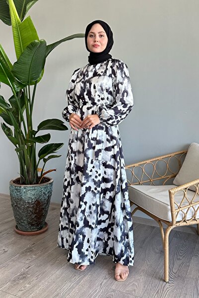 InStyle Fırça Desenli Siyah Saten Elbise