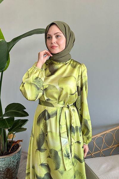 InStyle Oil Green Satin Dress - Abstract Leaf Printed