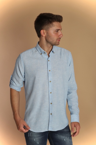 PASSERO Λινό πουκάμισο με μακριά μανίκια και λεπτή εφαρμογή - Σχέδιο με επιλέγμενα λεπτομέρειες