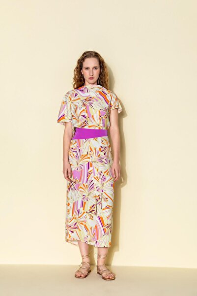 KAMEYA ÇİÇEK DESENLİ SIRTI DEKOLTELİ UZUN ELBİSE 24S40474