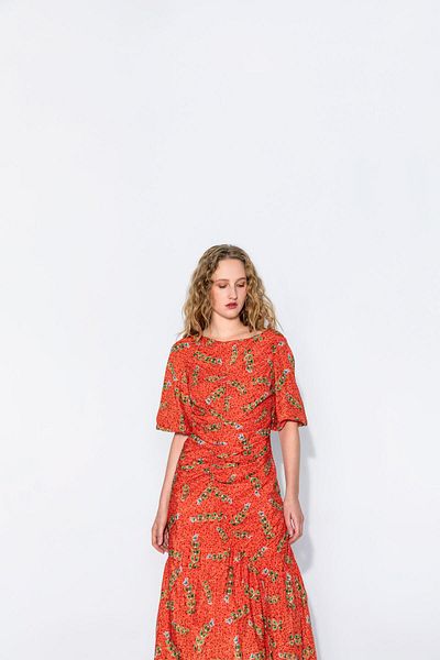 KAMEYA 24S40428 Model Leaf Patterned Gathered Dress