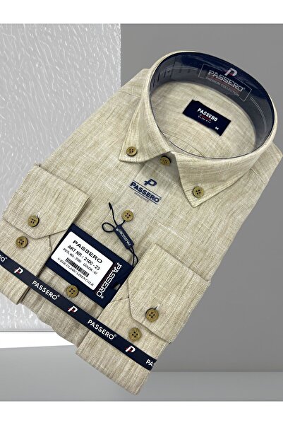 PASSERO Λινό πουκάμισο με μακριά μανίκια και λεπτή εφαρμογή - Σχέδιο με επιλέγμενα λεπτομέρειες