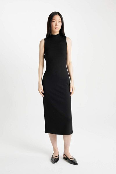 DeFacto Bodycon Body-Hugging Basic pevné poloviční roláky černé midi šaty bez rukávů Y8841Az23Au