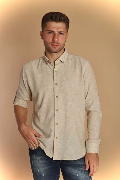 PASSERO Λινό πουκάμισο με μακριά μανίκια και λεπτή εφαρμογή - Σχέδιο με επιλέγμενα λεπτομέρειες