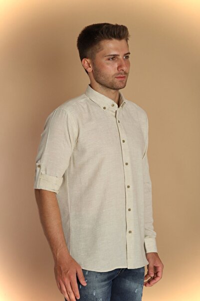 PASSERO Λινό πουκάμισο με μακριά μανίκια και λεπτή εφαρμογή - Σχέδιο με επιλέγμενα λεπτομέρειες