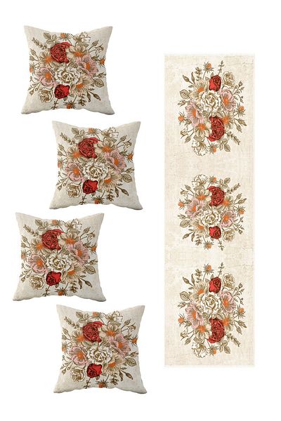 linazaitun 4-Piece Decorative Throw Pillow Cover Runner Set - Red Beige Rose Flower Bouquet, Different Ranir Models