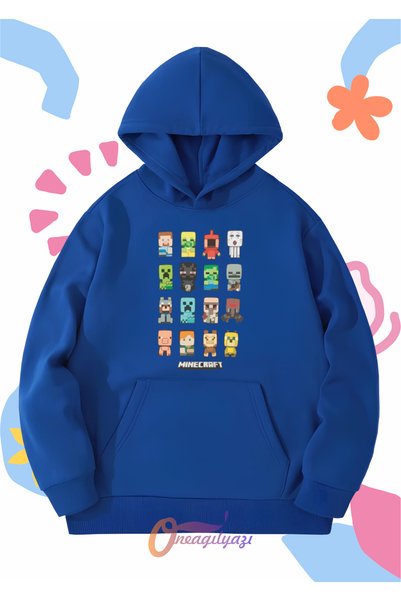oneagılyazı Children's Unisex Pixel Printed Oversize Hooded Sweatshirt