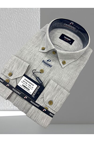 PASSERO Λινό πουκάμισο με μακριά μανίκια και λεπτή εφαρμογή - Σχέδιο με επιλέγμενα λεπτομέρειες