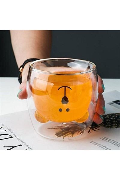 MJ GROUP Double Walled Design Glass Cup with Teddy Bear 250 Ml - Gift Double Walled Teddy Bear Cup