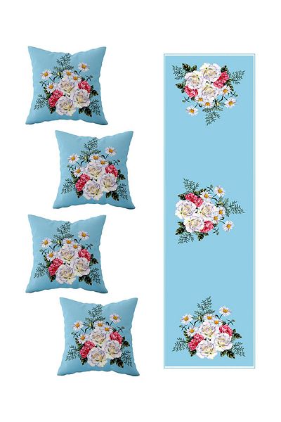 on the clouds Blue Rose 4-Piece Different Ranir Models - Living Room Kitchen Table Decorative Throw Pillow Cover and Runner Set