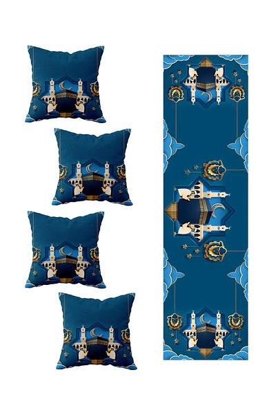 on the clouds Ramadan Crescent Set de 4 huse de pernă decorative pentru alergare - Moschee și modele de alergare diferite de masă