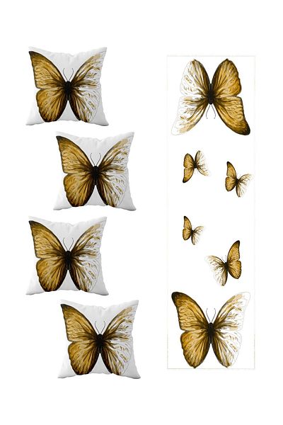 on the clouds Gold Butterfly Patterned Living Room Kitchen Table Set - 4-Piece Decorative Throw Pillow and Runner