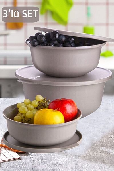 decorev 3 Pieces Multi-Purpose Storage Container Round Plastic Beige Color (1 Lt - 2 Lt - 4 Lt)