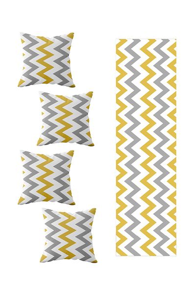 on the clouds Yellow Gray Zigzag - 4-Piece Decorative Throw Pillow Cover Runner Set