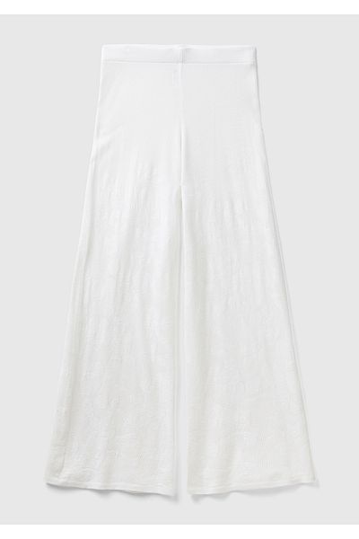 United Colors of Benetton White Cotton Modal - Motifed Normal Waist Knitwear Women's Trousers
