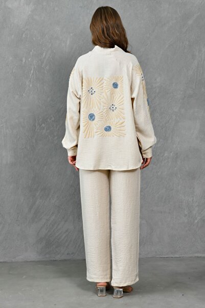 bayansepeti High Waist and Pocket Sequin Embroidered Long Sleeve Shirt and Trousers Beige Set 201